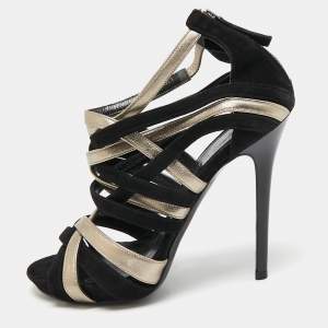 Alexander McQueen Black/Silver Leather and Suede Ankle Strap Sandals Size 37.5