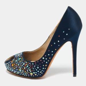 Alexander McQueen Navy Blue Satin Crystals Embellished Heart Peep Toe Pumps Size 36