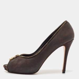 Alexander McQueen Brown Nubuck Leather Peep Toe Pumps Size 37.5