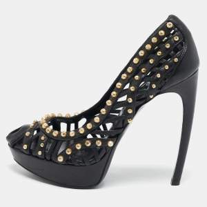 Alexander McQueen Black Leather Stud Embellished Peep Toe Pumps Size 37