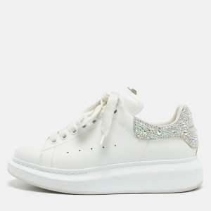 Alexander McQueen White Leather Crystal Embellished Larry Sneakers Size 37