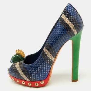 Alexander McQueen Multicolor Python Crystal Skull Peep Toe Pumps Size 36