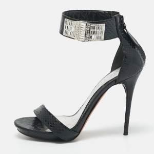 Alexander McQueen Black Snakeskin Leather Crystal Embellished Ankle Cuff Sandals Size 36