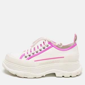 Alexander McQueen White/Neon Pink Canvas and Leather Slick Chunky Sneakers Size 38.5