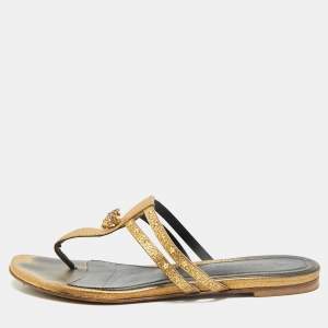 Alexander McQueen Gold Leather Embellished Skull Thong Flats Size 38