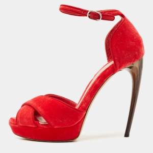 Alexander McQueen Red Velvet Horn Heel Ankle Strap Platform Sandals Size 38