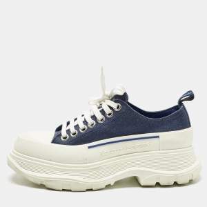 Alexander McQueen Blue/White Canvas and Rubber Tread Slick Sneakers Size 38.5