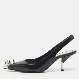 Pre Owned Alexander McQueen Black Leather Punk Spike Slingback Pumps Size 38