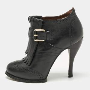 Pre Owned Alexander McQueen Black Leather Fringe Ankle Length Boots Size 36