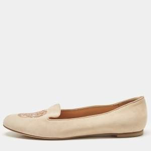 Pre Owned Alexander McQueen Peach Suede Skull Embroidered Smoking Slippers Size 39