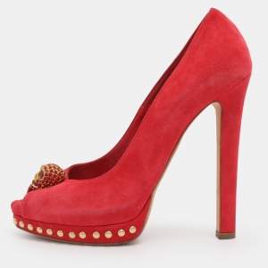 Pre Owned Alexander McQueen Red Suede Skull Peep Toe Pumps Size 39