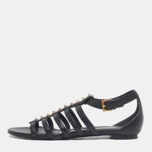 Pre Owned Alexander McQueen Black Leather Studded Flat Sandals Size 38