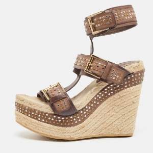 Alexander McQueen Brown/Beige Jute and Leather Wedge Ankle Strap Sandals Size 37