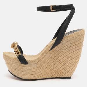 Pre Owned Alexander McQueen Black Leather Chain Skull Ankle Strap Espadrille Wedges Size 37.5