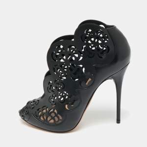 Pre Owned Alexander McQueen Black Floral Laser Cut Leather Peep Toe Booties Size 35