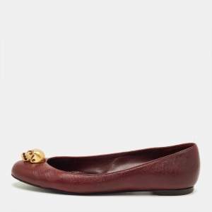 Pre Owned Alexander McQueen Burgundy Leather Skull Ballet Flats Size 38.5