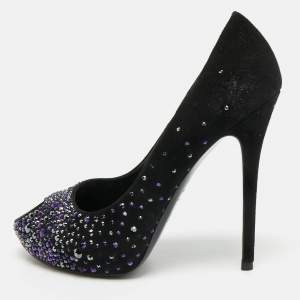 مملوكة مسبقًا Alexander McQueen Heart Size 38 Black Suede Crystal Embellished Peep Toe Pumps