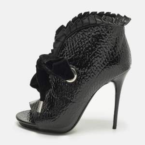 Pre Owned Alexander McQueen Size 38 Black Leather Frill Detail Open Toe Booties