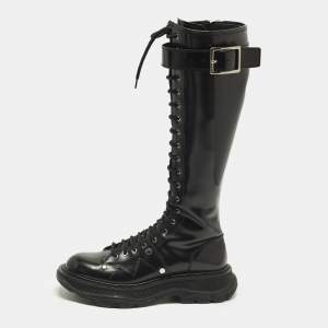 مملوكة مسبقًا Alexander McQueen Tread Size 38 Black Leather Knee Length Boots