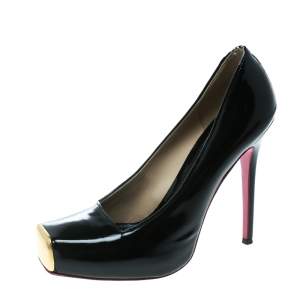 Pre Owned Alexander McQueen Black Patent Leather Square Toe Platform Pumps Size 37.5