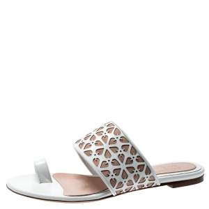Pre Owned Alexander McQueen White/Beige Laser Cut Leather And Suede Toe Ring Flat Sandals Size 38