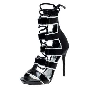 Pre Owned Alexander McQueen Black Python Leather Ankle Wrap Sandals Size 37.5