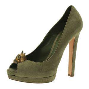 Pre Owned Alexander McQueen Olive Suede Punk Skull Peep Toe Pumps Size 39