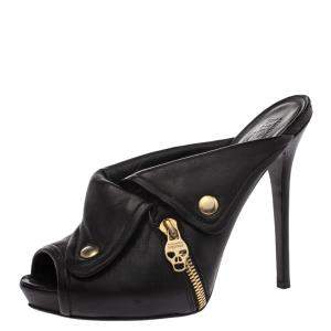 Pre Owned Alexander McQueen Black Leather Dredge Peep Toe Platform Mule Sandals Size 40