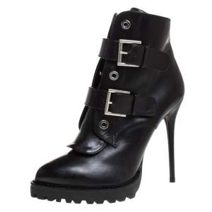 Alexander McQueen Black Leather Buckle Ankle Boots Size 40