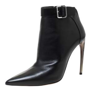 Pre Owned Alexander McQueen Black Leather Buckle Detail Pointed Toe Ankle Booties Size 40