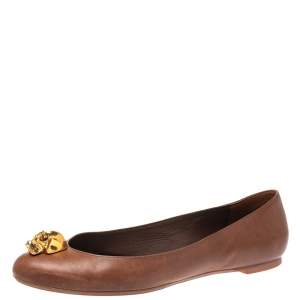 Pre Owned Alexander McQueen Brown Leather Skull Ballet Flats Size 38.5