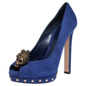Pre Owned Alexander McQueen Blue Suede Crystal Embellished Skull Peep Toe Platform Pumps Size 38