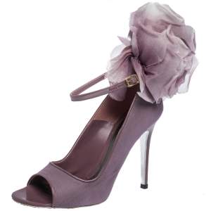 Pre Owned Alexander McQueen Purple Mesh And Patent Leather Trim Floral Embellished Peep-Toe Ankle Strap Pumps Size 38