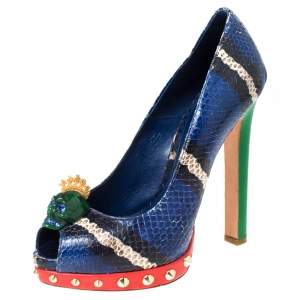 Pre Owned Alexander McQueen Multicolor Python Leather Crystal Skull Peep Toe Pumps Size 37.5