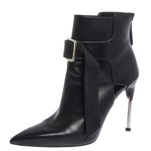 Pre Owned Alexander McQueen Black Leather Buckle Pointed Toe Booties Size 40