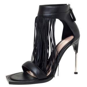 Pre Owned Alexander McQueen Black Leather Fringe Detail Sandals Size 38