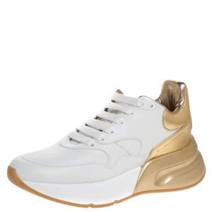 Pre Owned Alexander McQueen White/Gold Leather New Larry Low Top Sneakers Size 39.5