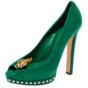 Pre Owned Alexander McQueen Green Suede Crystal Embellished Skull Peep Toe Platform Pumps Size 40