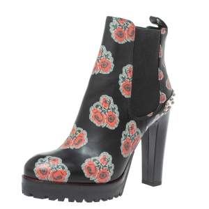Pre Owned Alexander McQueen Black Leather Poppy Flower Print Ankle Boots Size 38