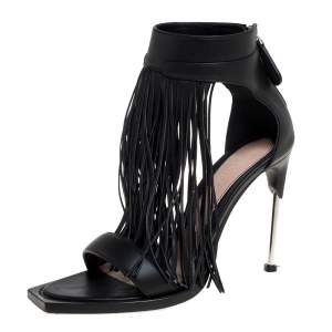 Alexander McQueen Black Leather Fringe Detail Sandals Size 38.5