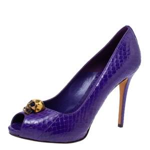 Pre Owned Alexander McQueen Purple Python Skull Peep Toe Pumps Size 40