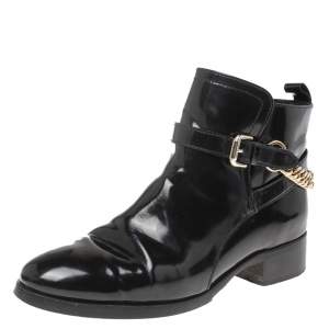 Pre Owned Alexander McQueen Black Leather Chain Detail Buckle Ankle Boots Size 38
