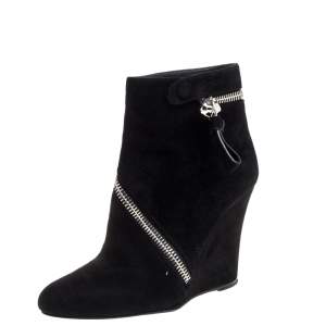 Pre Owned Alexander McQueen Black Suede Skull Wedge Boots Size 40