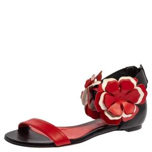Alexander McQueen Red/Black Leather Flower Detail Ankle Cuff Flat Sandals Size 38