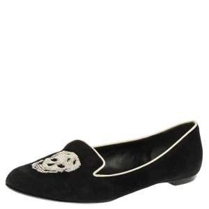 Alexander McQueen Black Suede Leather Sequins Skull Embellished Smoking Slippers Size 38.5