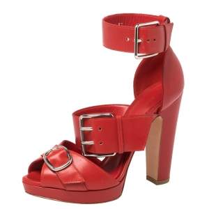 Alexander McQueen  Red Leather Buckle Strappy Platform Sandals Size 38.5