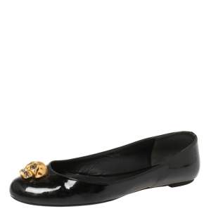 Pre Owned Alexander McQueen Black Patent Leather Embellished Skull City Ballet Flats Size 40