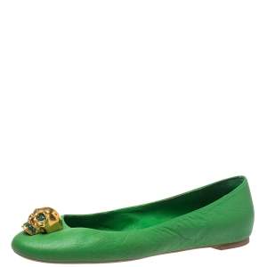 Pre Owned Alexander McQueen Green Leather Skull Embellished Ballet Flats Size 37