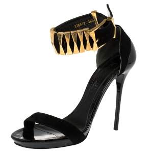 Alexander McQueen Black Suede Metal Ankle Strap Sandals Size 38.5