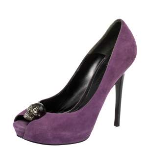 Pre Owned Alexander McQueen Purple Suede Skull Peep Toe Pumps Size 38
